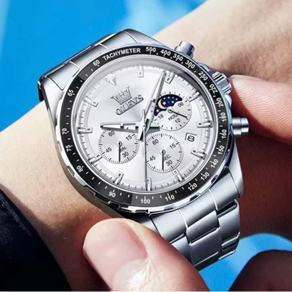 NWT NIB Olevs Multifunctional Utility Dial Stainless Steel Chronograph Watch